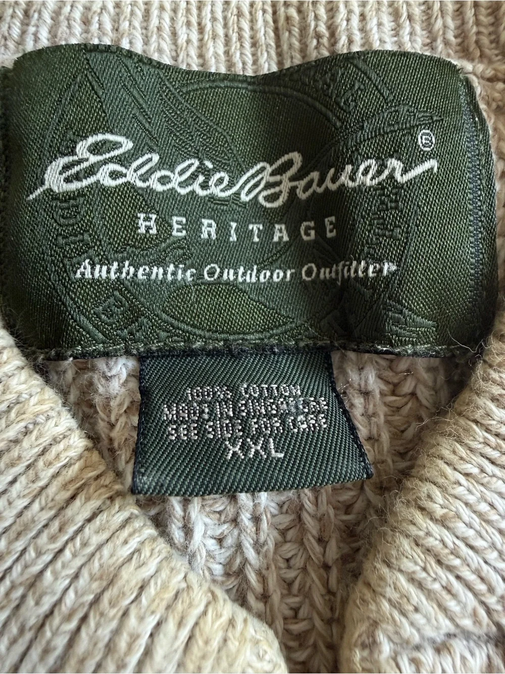Eddie Bauer Men's Vintage Beige Cream Henley Knit Sweater 100% Cotton XXL
